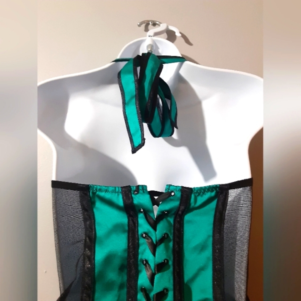 Lovers Lane Women's Lingerie Green Black Satin Lace Corsette Tie Up M Sexy - Picture 6 of 8